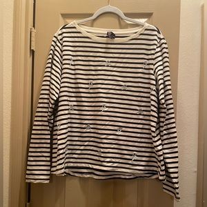Betsey Johnson Black and White Striped Crew Neck with Embroidered Detailing